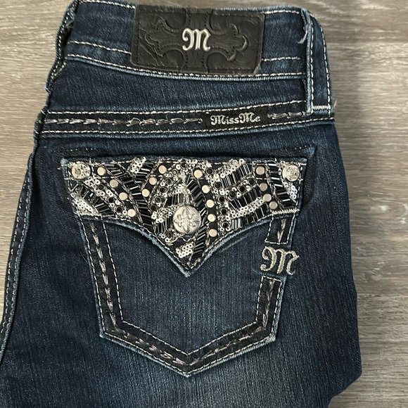 Women’s MISS ME Denim Bling Rhinestones Mid-Rise Bootcut Jeans, Size 26. - Picture 15 of 15